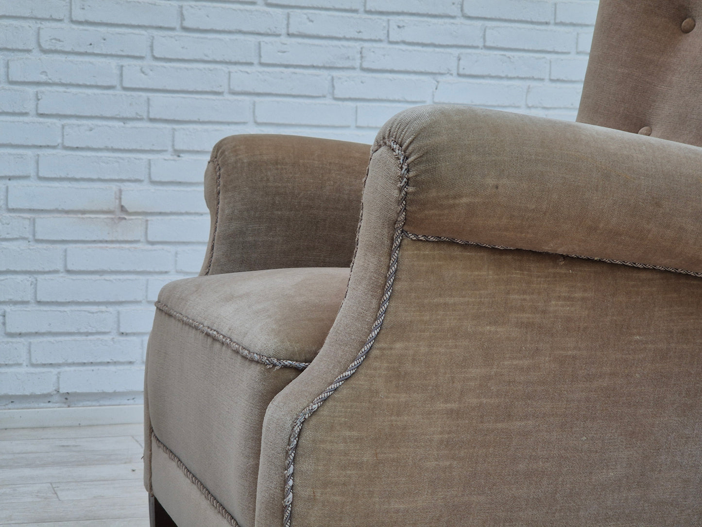 1970s, Danish highback armchair, original condition, furniture velour, bech wood.