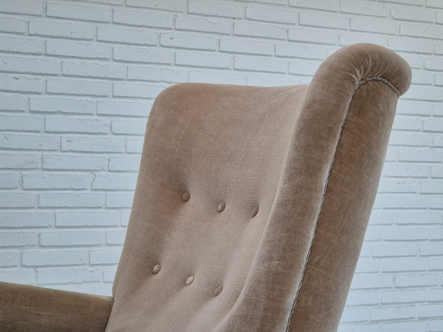 1970s, Danish highback armchair, original condition, furniture velour, bech wood.