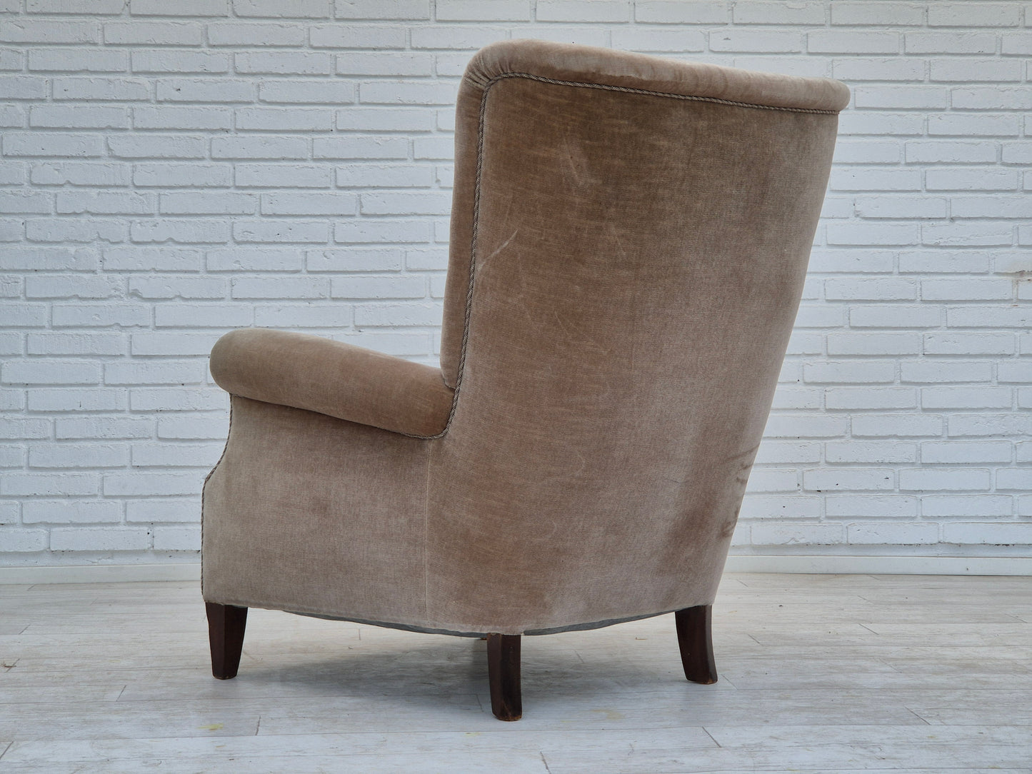 1970s, Danish highback armchair, original condition, furniture velour, bech wood.