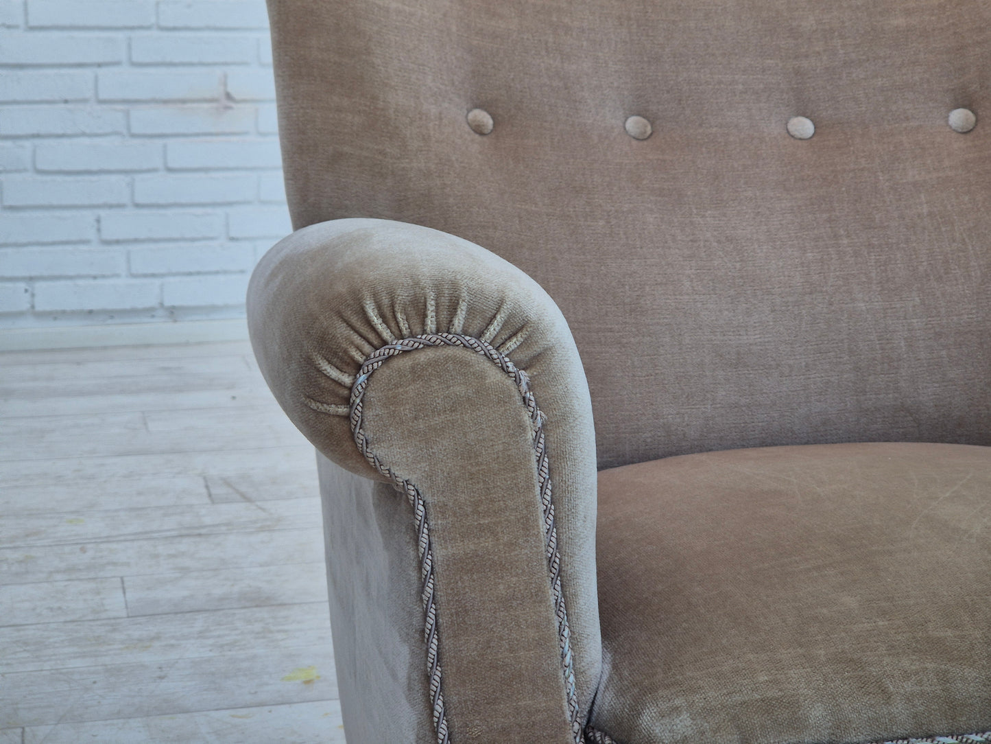 1970s, Danish highback armchair, original condition, furniture velour, bech wood.