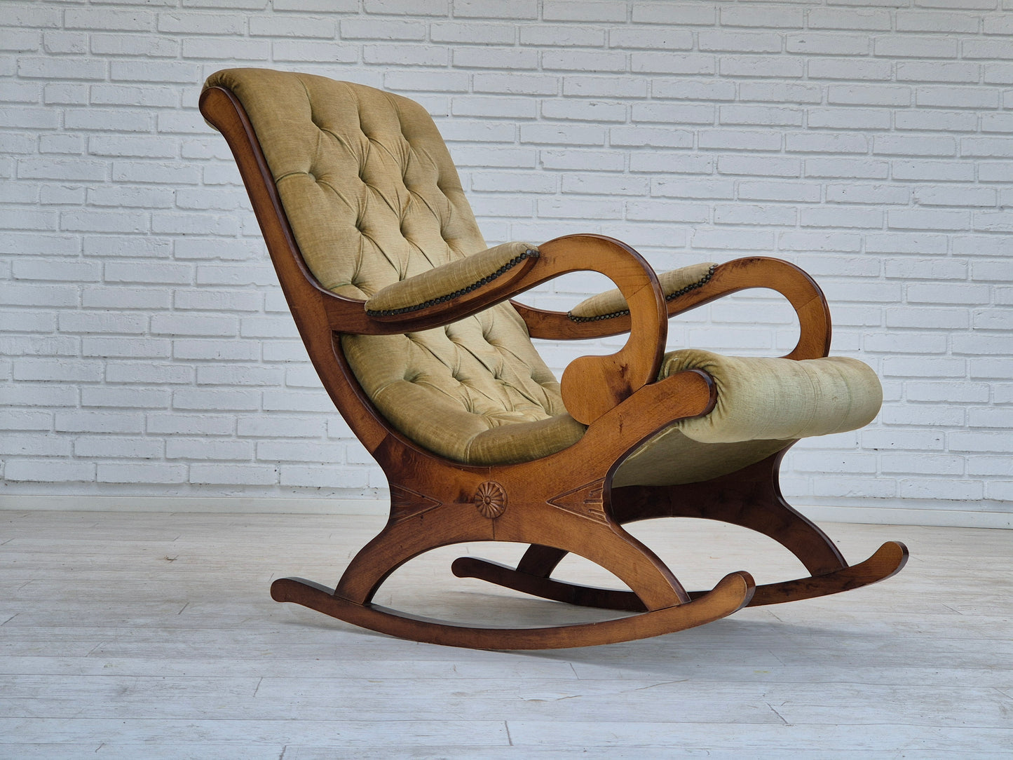 1950s, Scandinavian rocking chair, vintage green furniture velour, good condition.