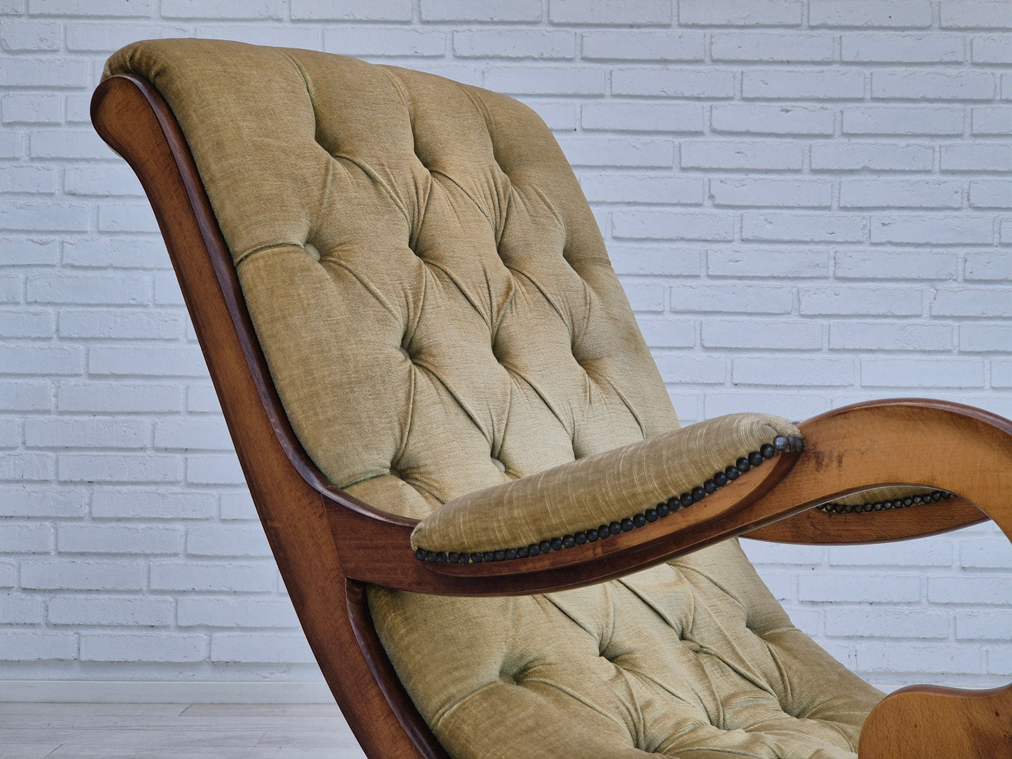 1950s, Scandinavian rocking chair, vintage green furniture velour, good condition.