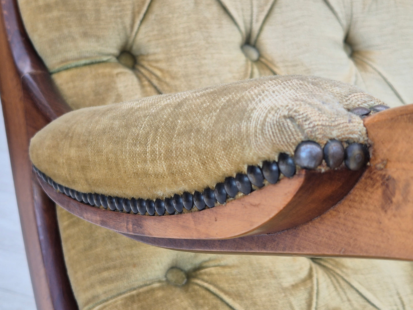 1950s, Scandinavian rocking chair, vintage green furniture velour, good condition.