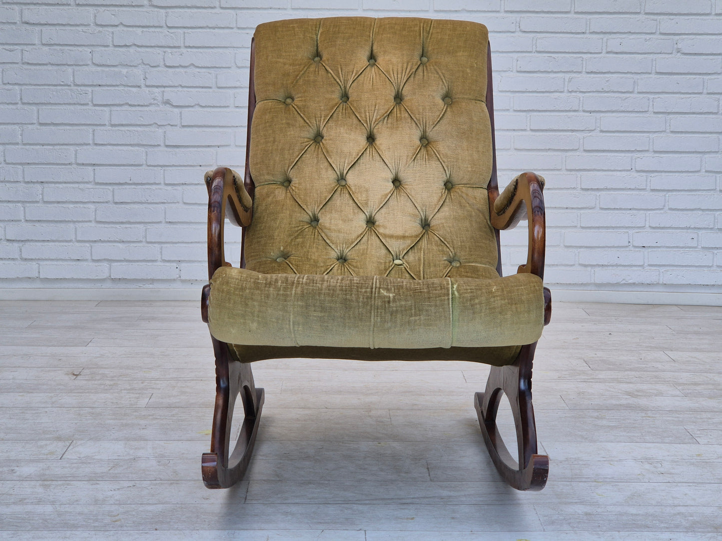 1950s, Scandinavian rocking chair, vintage green furniture velour, good condition.