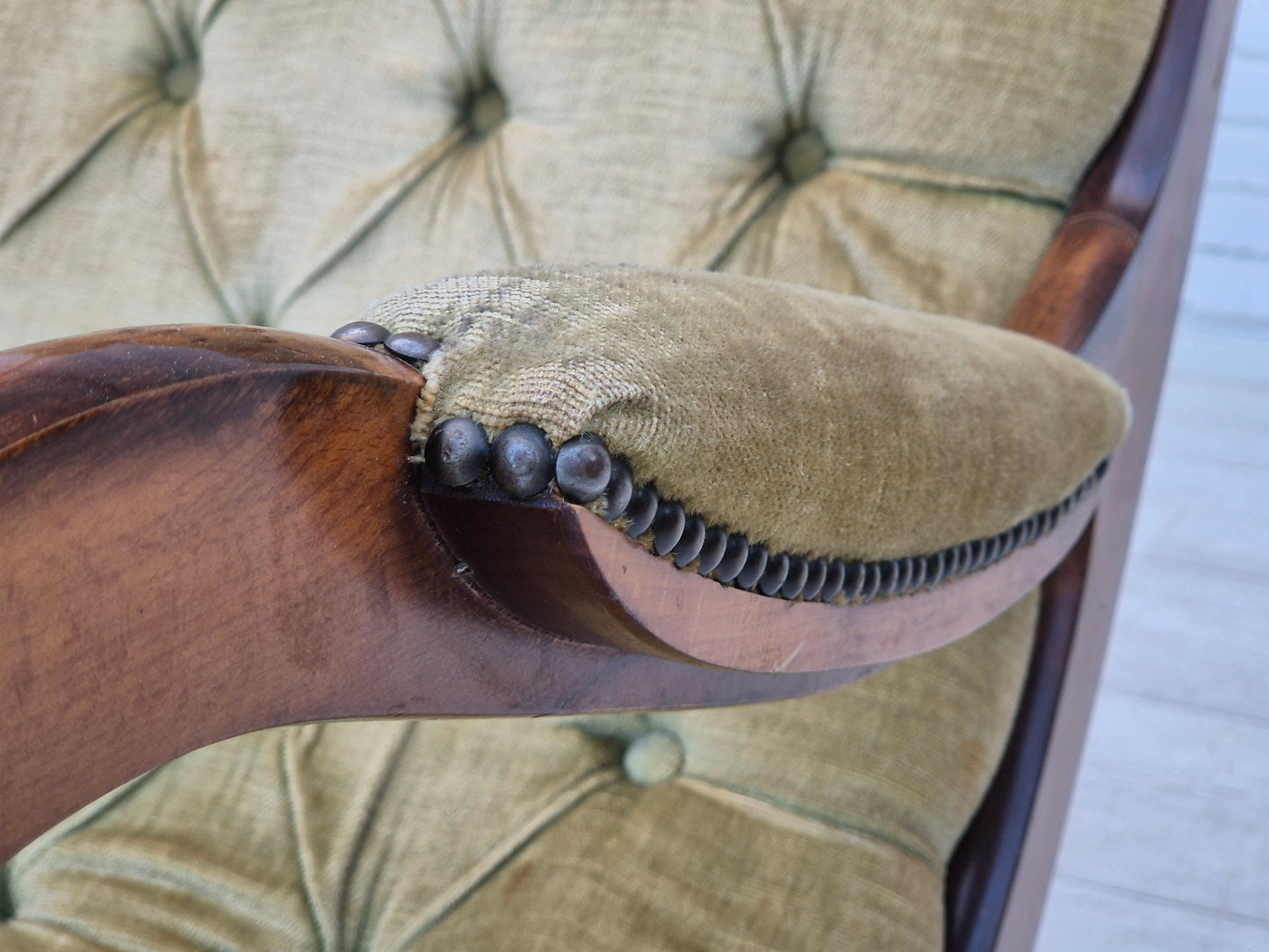 1950s, Scandinavian rocking chair, vintage green furniture velour, good condition.