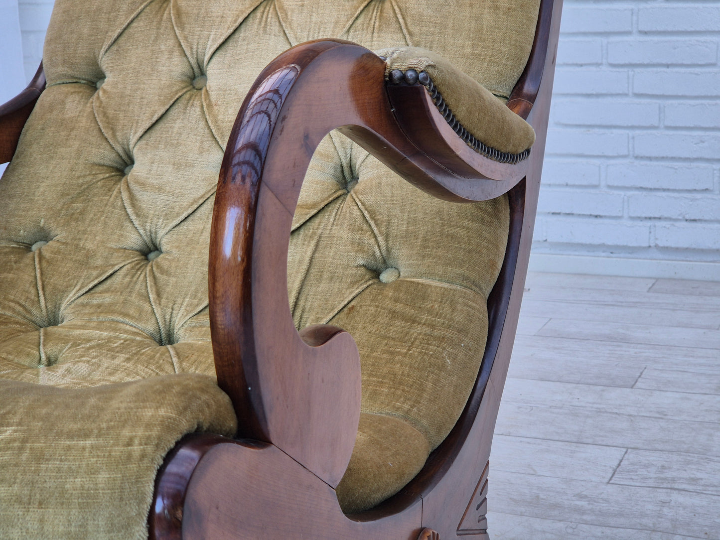 1950s, Scandinavian rocking chair, vintage green furniture velour, good condition.