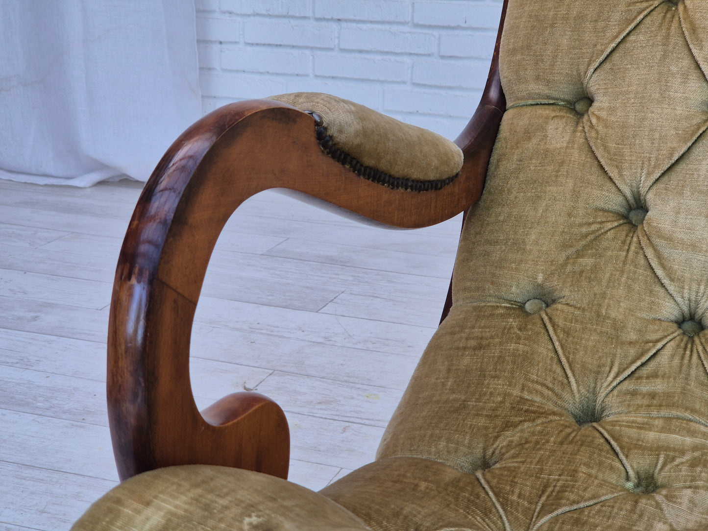 1950s, Scandinavian rocking chair, vintage green furniture velour, good condition.