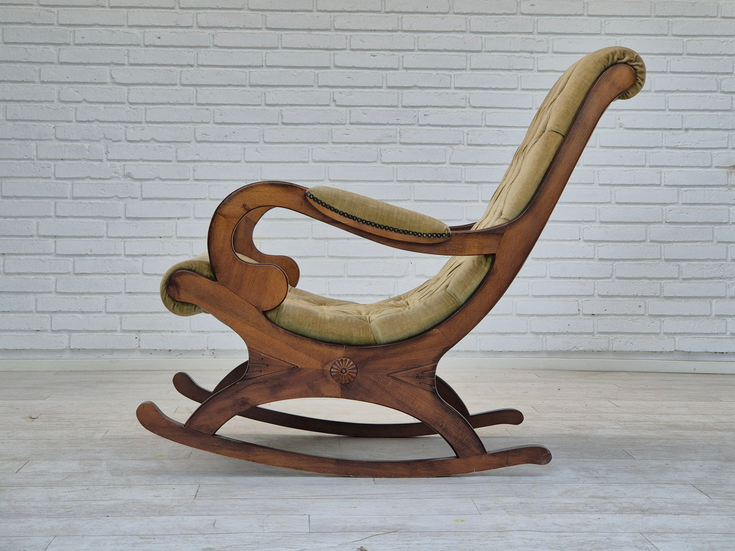 1950s, Scandinavian rocking chair, vintage green furniture velour, good condition.