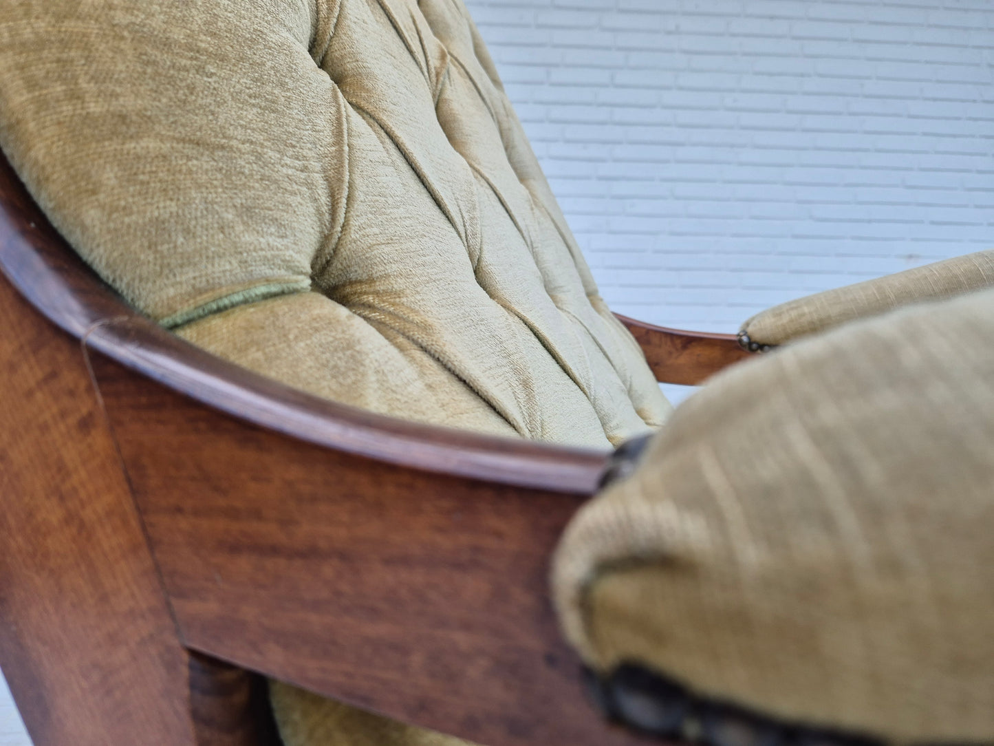 1950s, Scandinavian rocking chair, vintage green furniture velour, good condition.