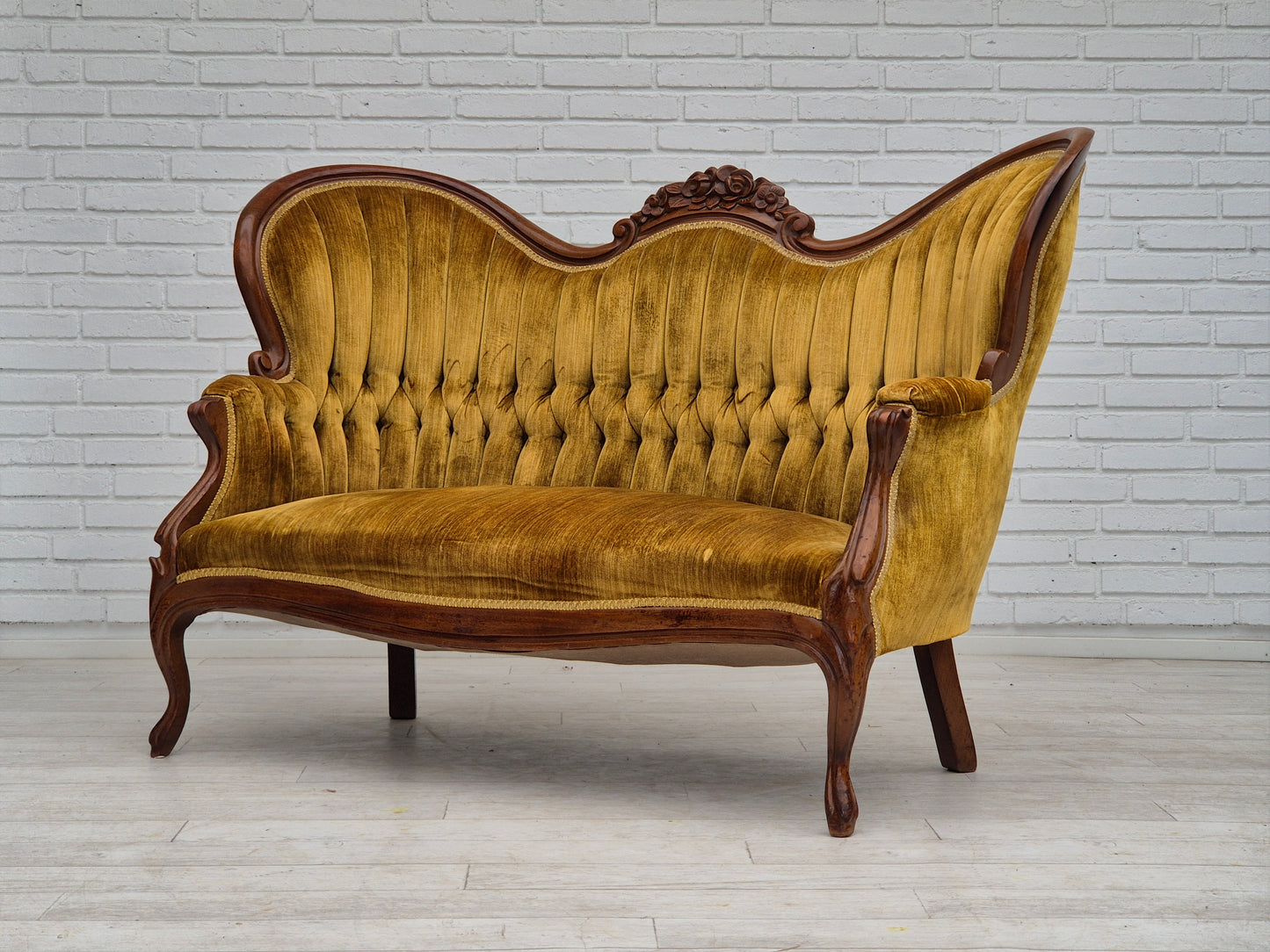 1950s, Danish sofa, vintage furniture velour, very good condition, mahogany wood.