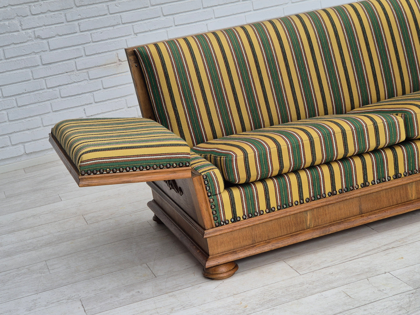 1960s, Danish drop arm sofa, furniture wool, oak wood, orginal condition.