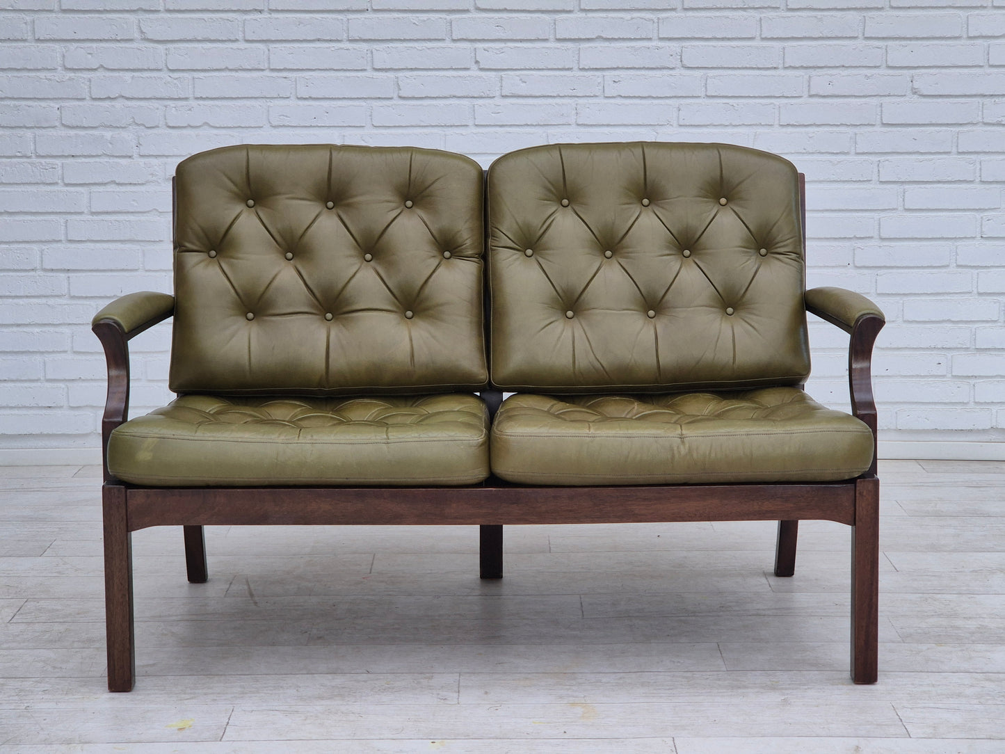 1970s, Scandinavian 2 seater sofa in original condition, green furniture leather, solid teak wood.