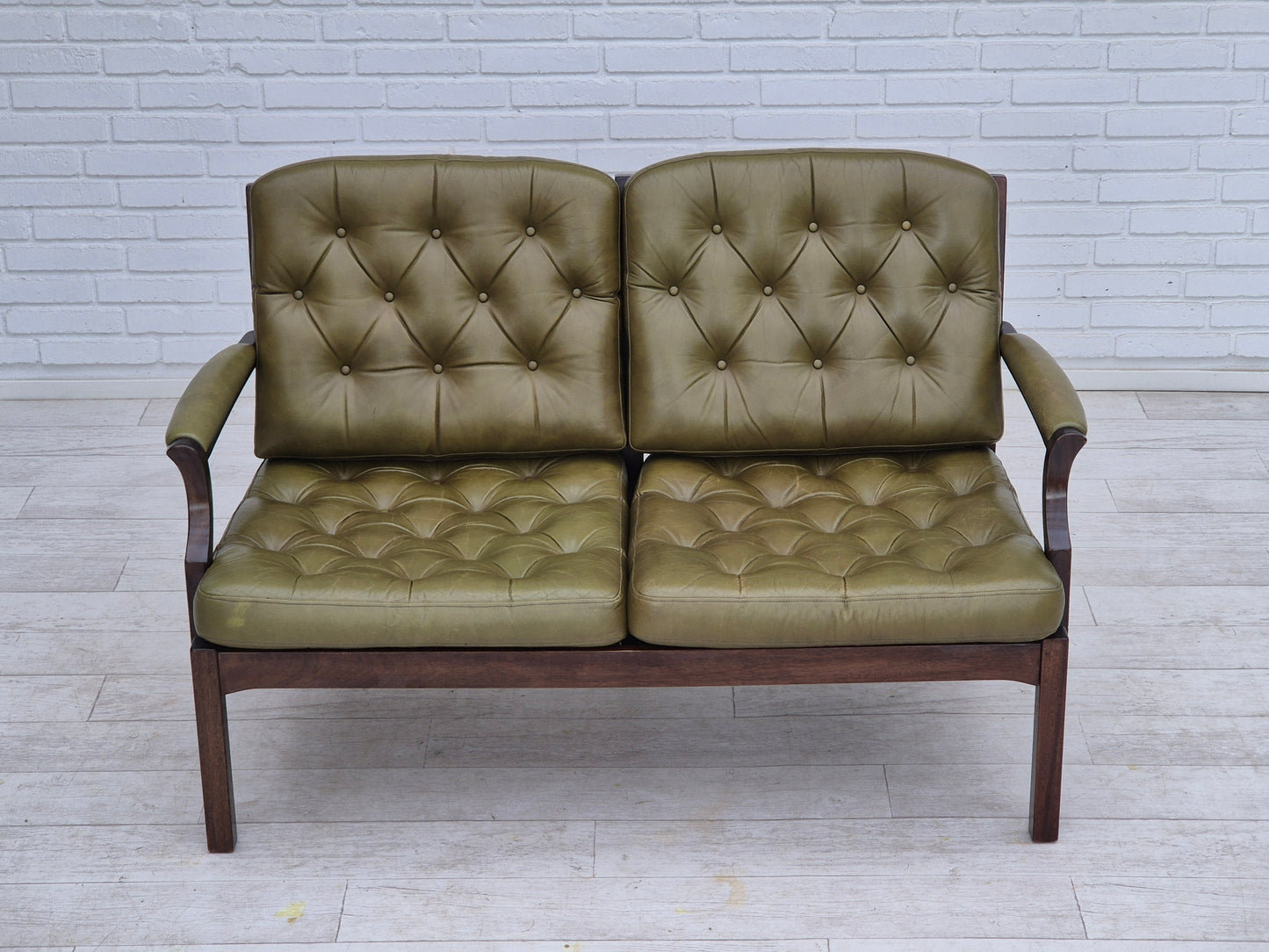 1970s, Scandinavian 2 seater sofa in original condition, green furniture leather, solid teak wood.