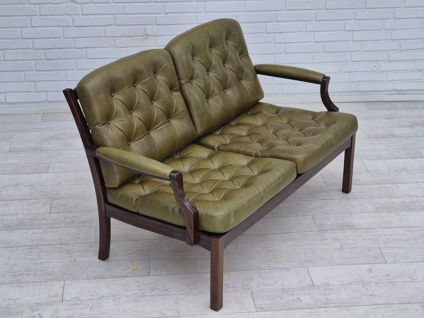 1970s, Scandinavian 2 seater sofa in original condition, green furniture leather, solid teak wood.