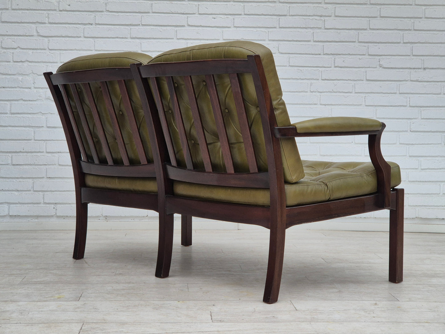 1970s, Scandinavian 2 seater sofa in original condition, green furniture leather, solid teak wood.