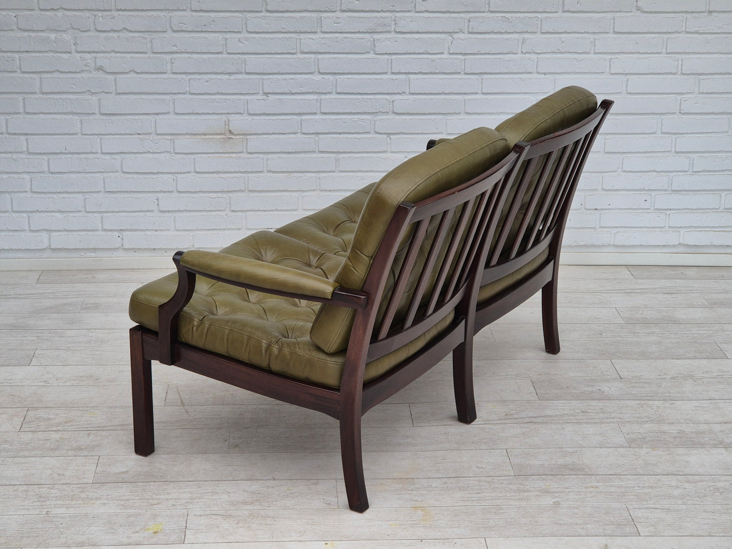 1970s, Scandinavian 2 seater sofa in original condition, green furniture leather, solid teak wood.