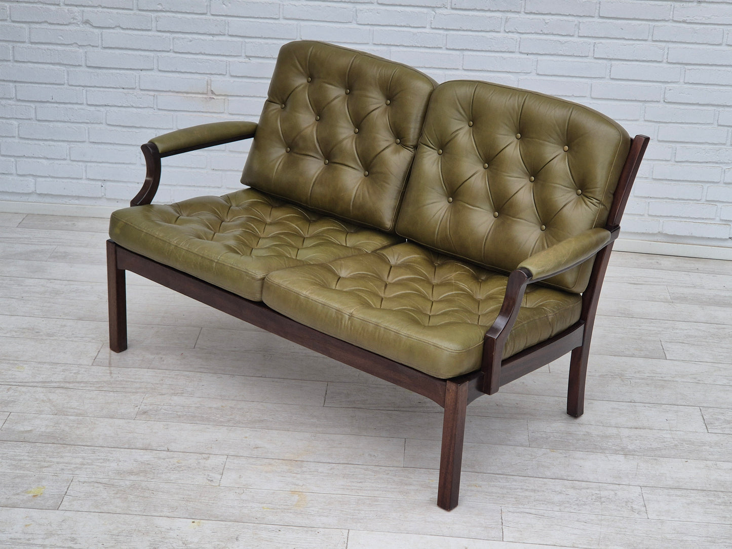 1970s, Scandinavian 2 seater sofa in original condition, green furniture leather, solid teak wood.