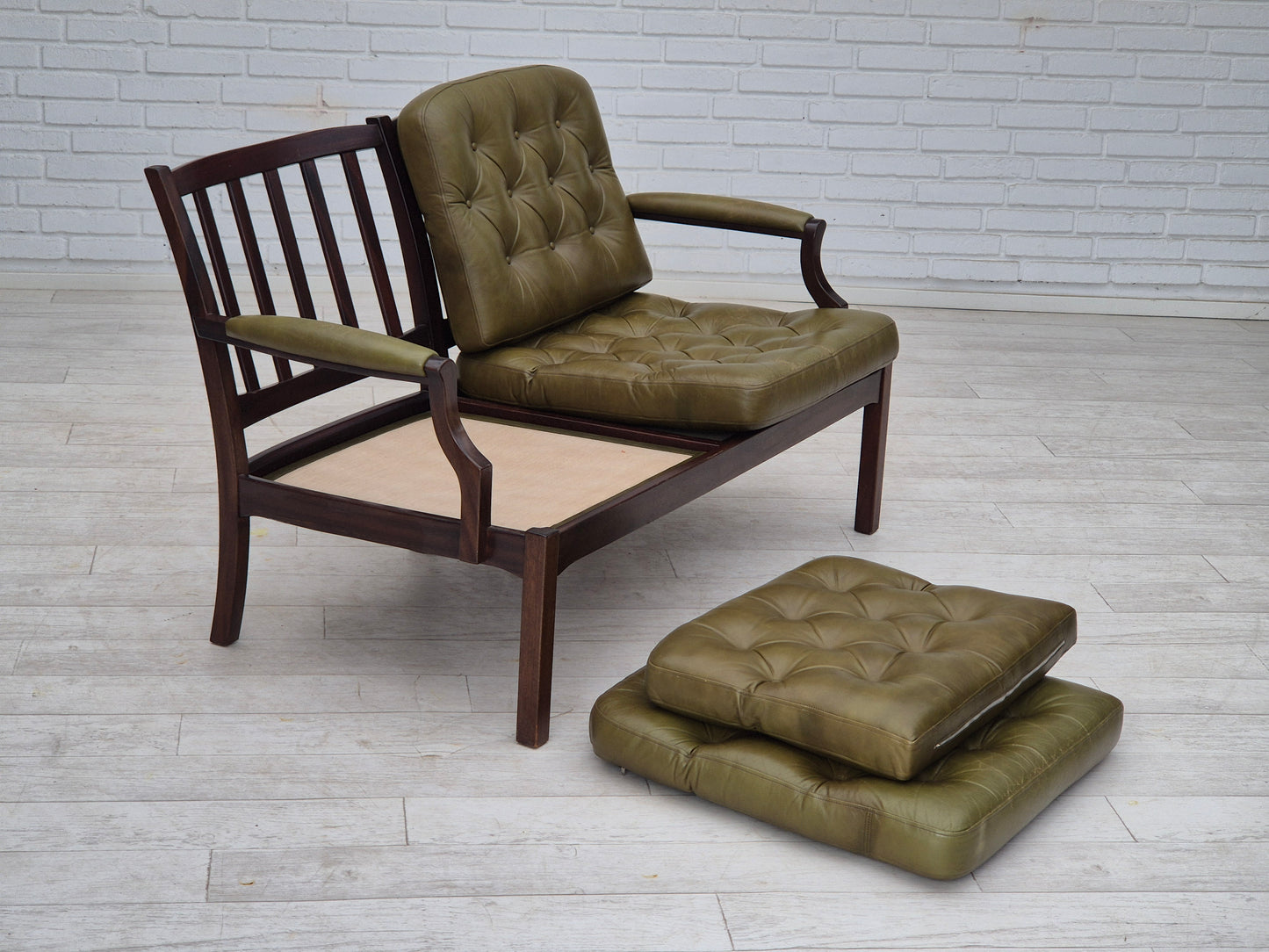 1970s, Scandinavian 2 seater sofa in original condition, green furniture leather, solid teak wood.