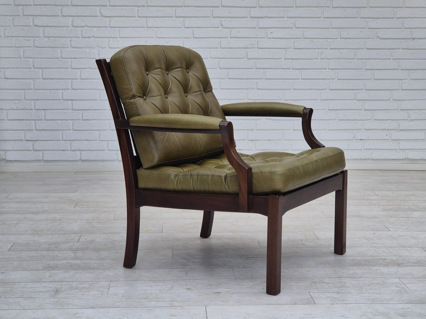 1970s, Scandinavian armchair, original condition, furniture leather, solid teak wood.