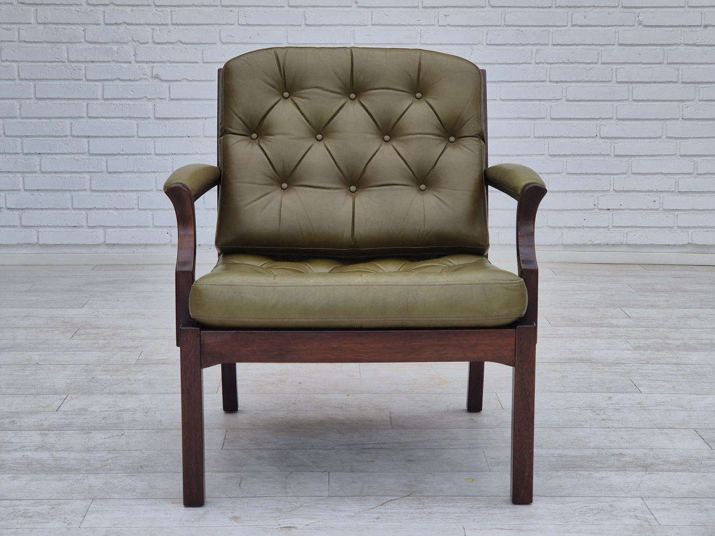 1970s, Scandinavian armchair, original condition, furniture leather, solid teak wood.