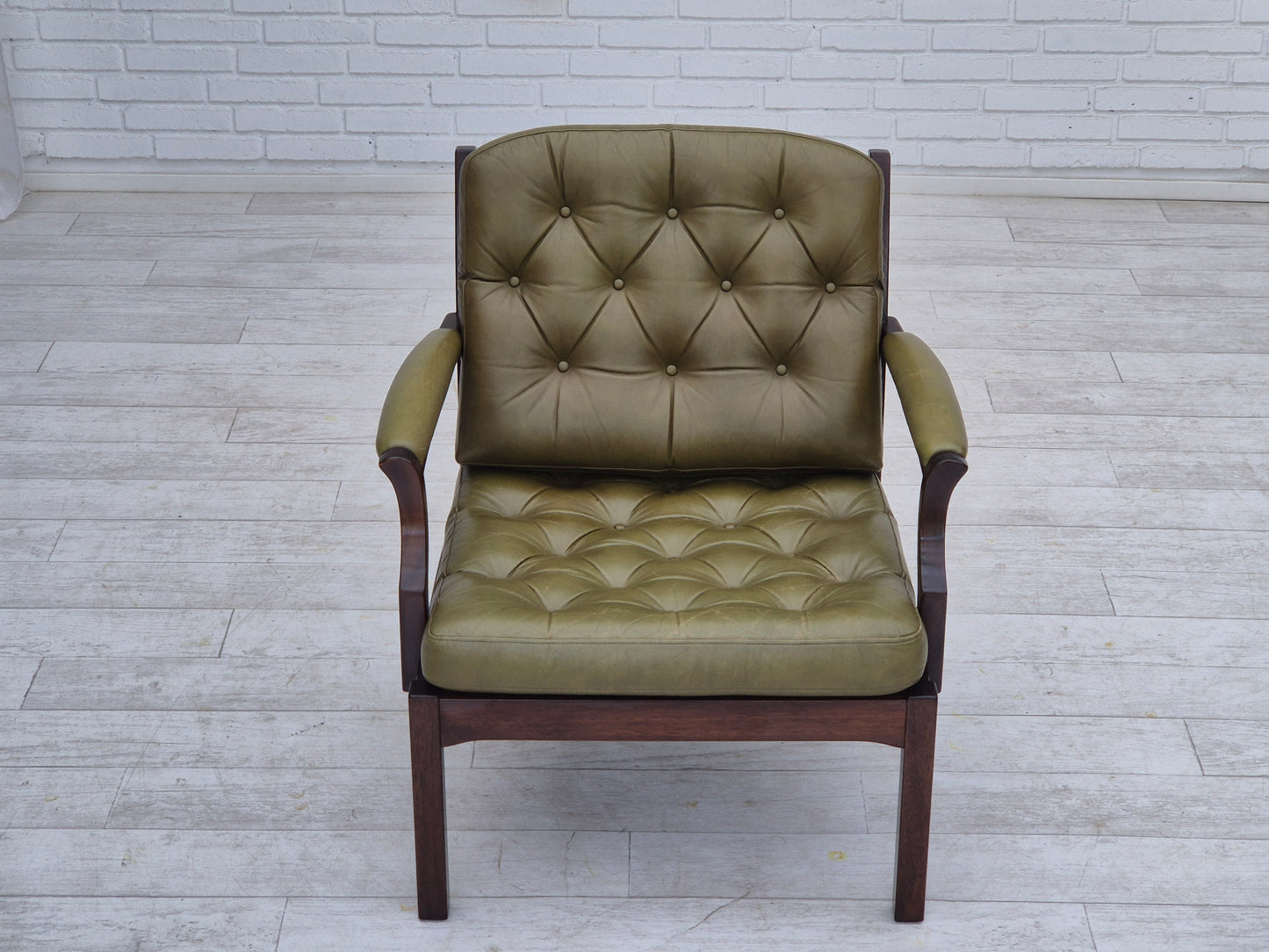 1970s, Scandinavian armchair, original condition, furniture leather, solid teak wood.