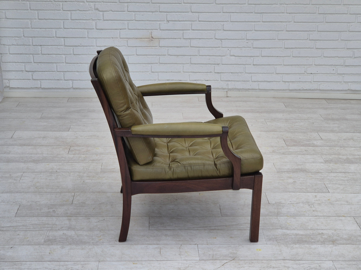 1970s, Scandinavian armchair, original condition, furniture leather, solid teak wood.