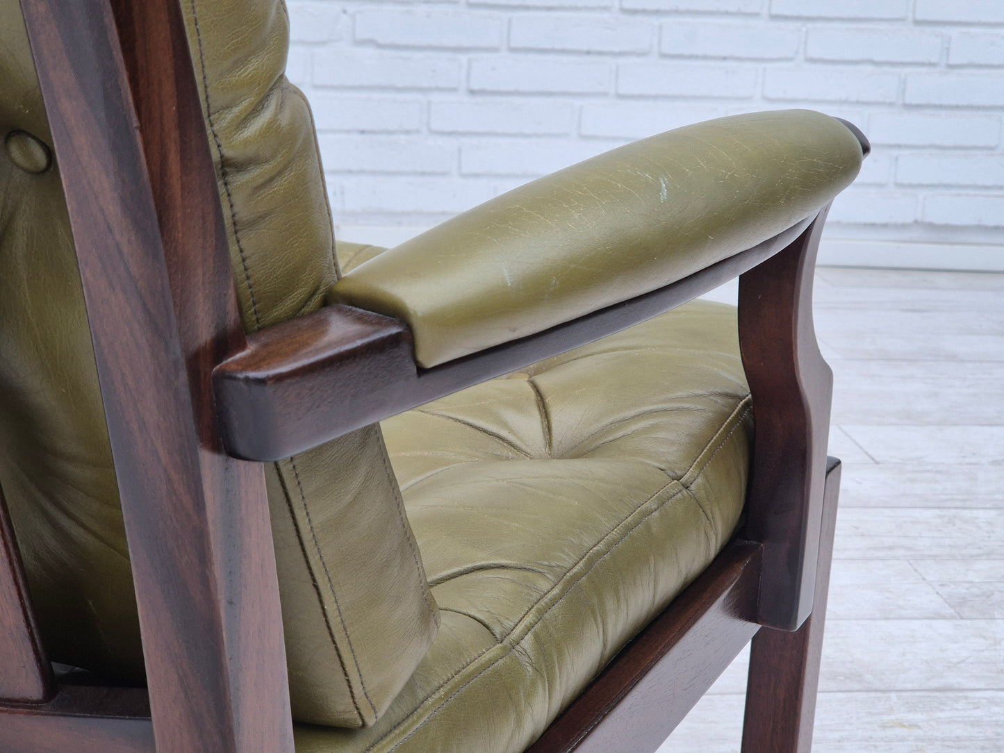 1970s, Scandinavian armchair, original condition, furniture leather, solid teak wood.