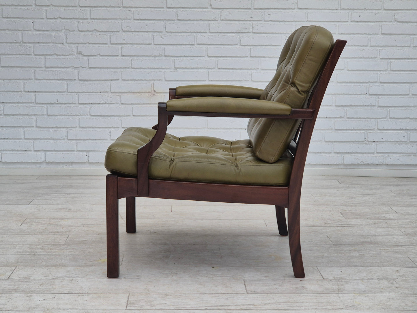 1970s, Scandinavian armchair, original condition, furniture leather, solid teak wood.