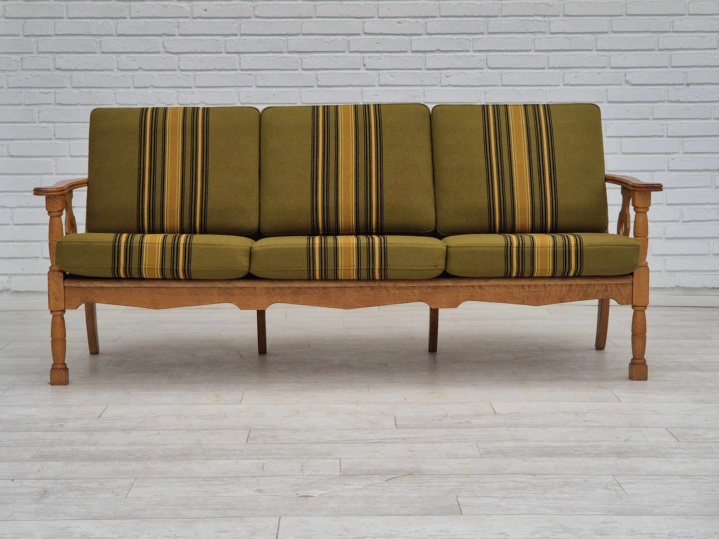 1970s, Danish 3 seater sofa, original condition, furniture wool, solid oak wood.