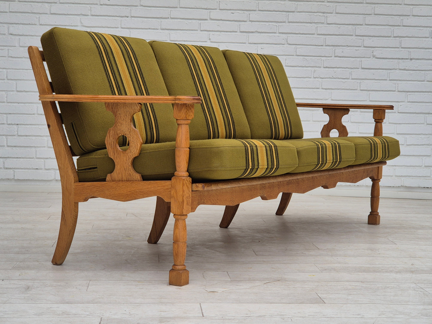 1970s, Danish 3 seater sofa, original condition, furniture wool, solid oak wood.