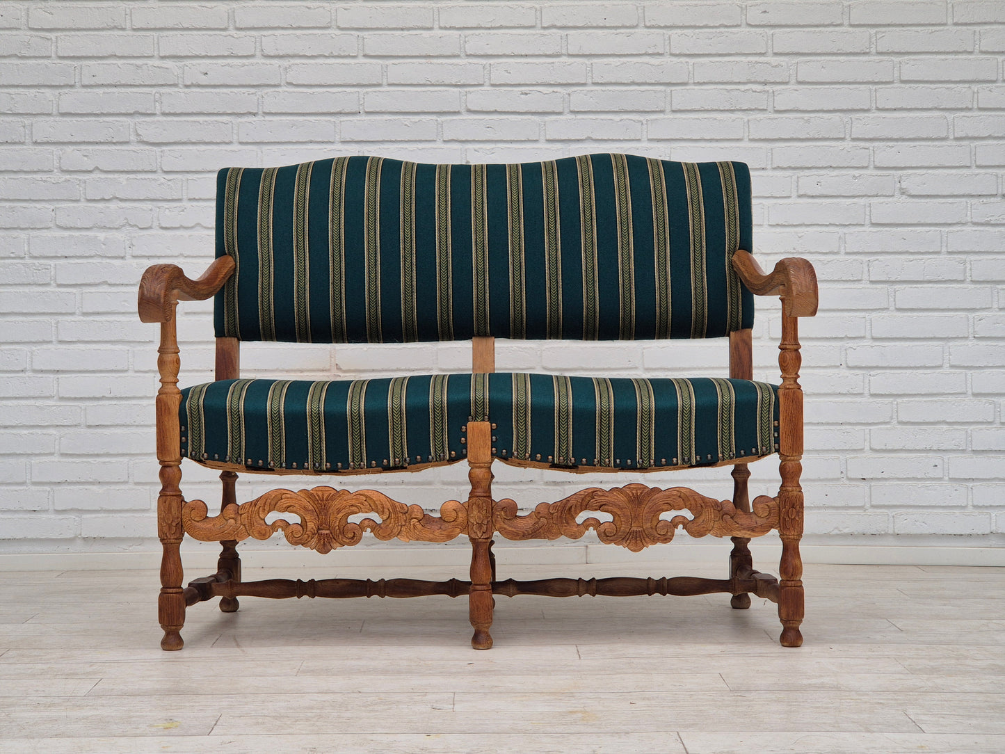 1960s, Danish 2 seater sofa, original condition, furniture wool fabric, solid oak wood.