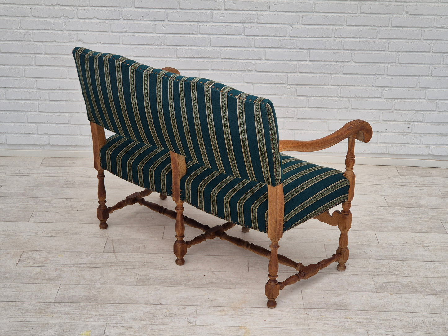 1960s, Danish 2 seater sofa, original condition, furniture wool fabric, solid oak wood.