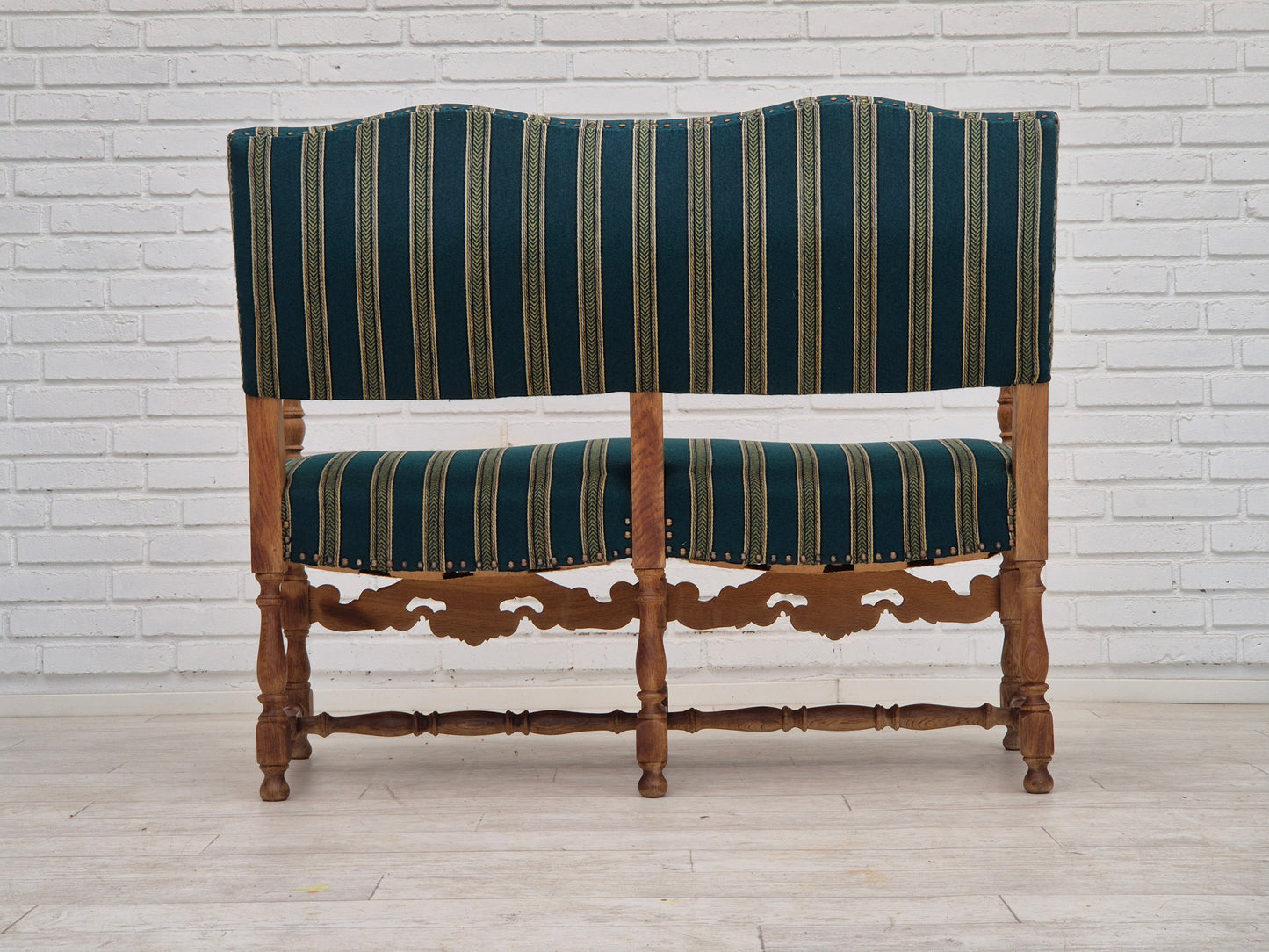 1960s, Danish 2 seater sofa, original condition, furniture wool fabric, solid oak wood.