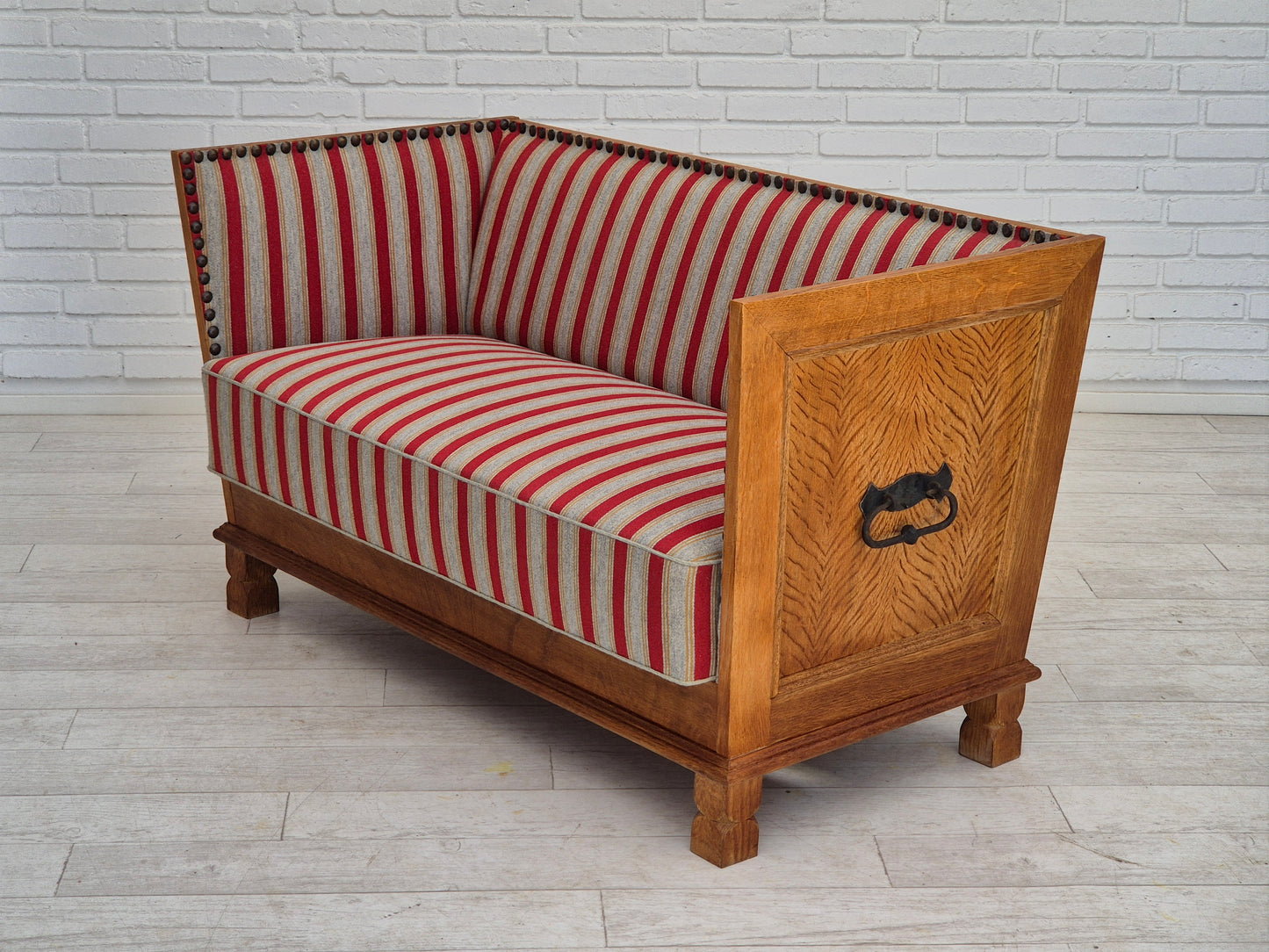 1960s, Danish 2 seater sofa, furniture wool, oak wood, orginal condition.