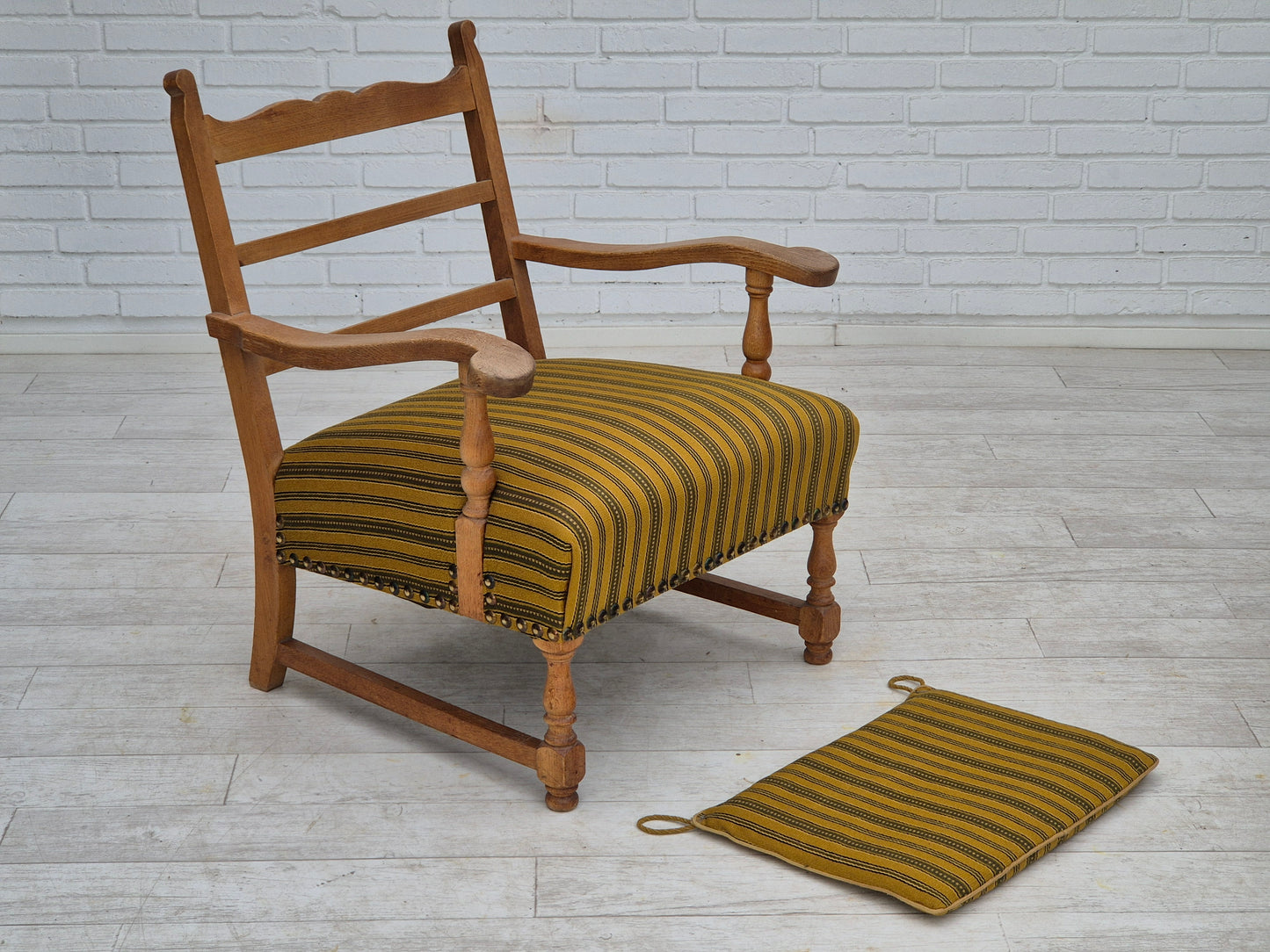 1960s, Danish lounge chair, original very good condition, furniture wool, solid oak wood.