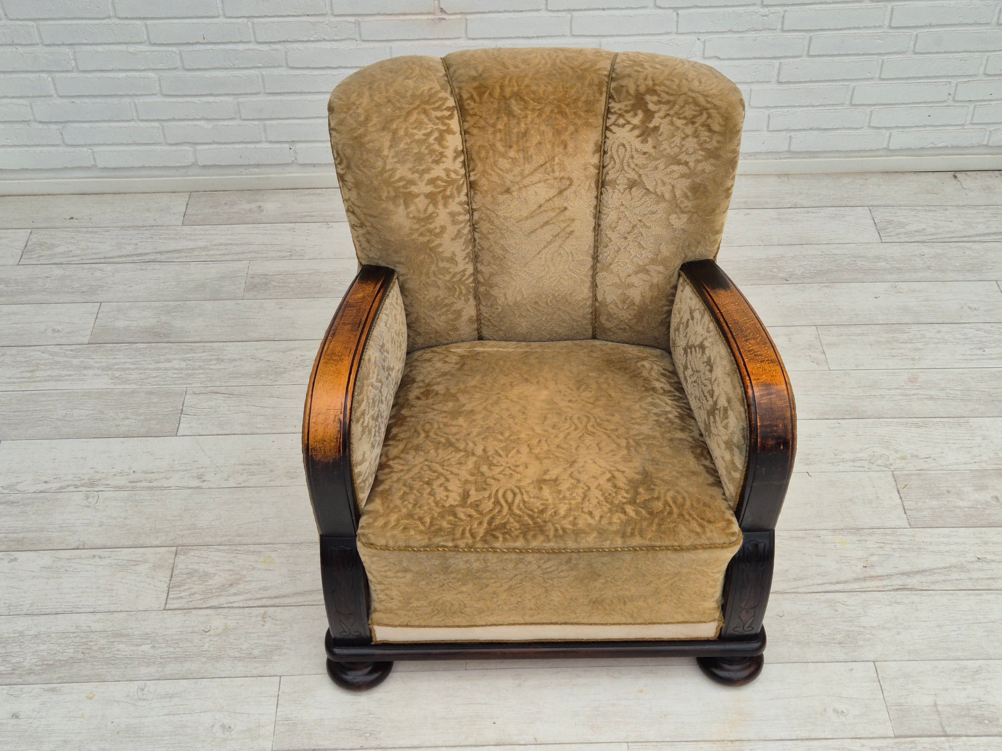 1950s, Danish vintage relax armchair, furniture velour, ash wood.