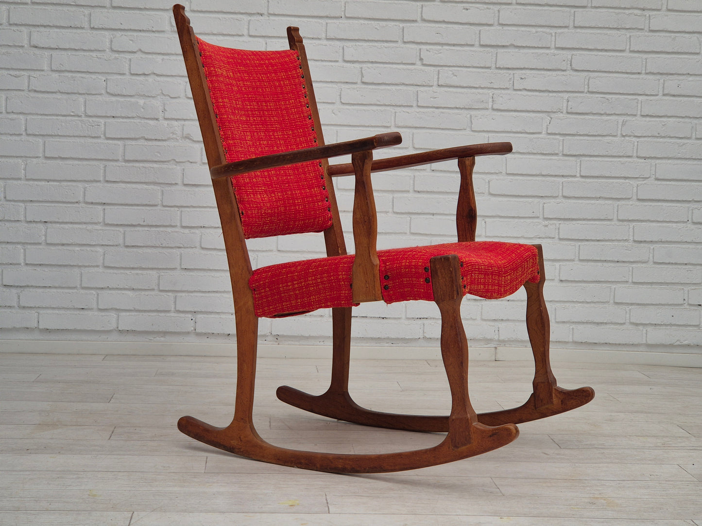 1960s, Danish rocking chair, original good condition, solid oak wood, furniture wool fabric.