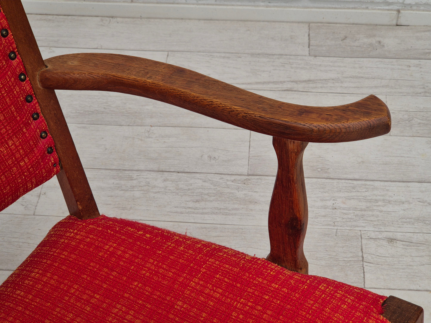 1960s, Danish rocking chair, original good condition, solid oak wood, furniture wool fabric.