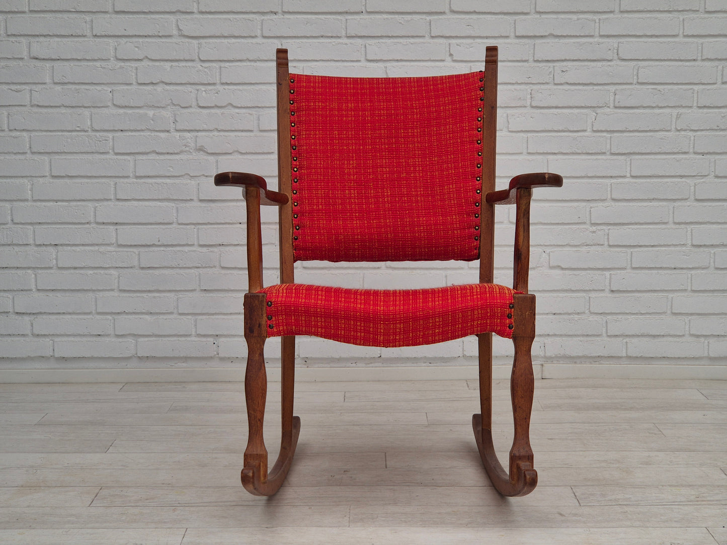 1960s, Danish rocking chair, original good condition, solid oak wood, furniture wool fabric.