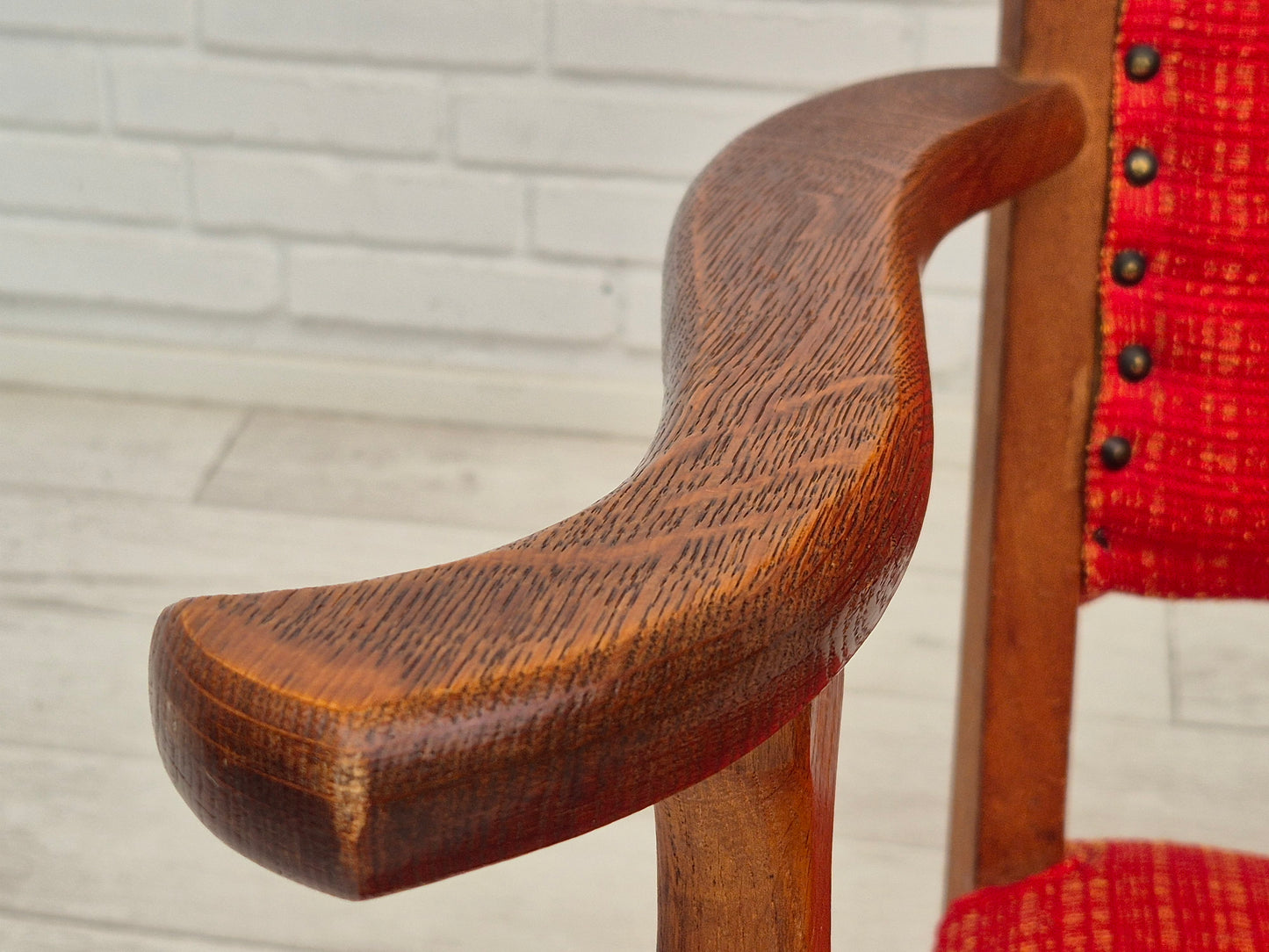 1960s, Danish rocking chair, original good condition, solid oak wood, furniture wool fabric.