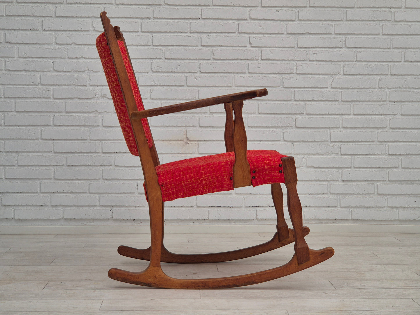 1960s, Danish rocking chair, original good condition, solid oak wood, furniture wool fabric.