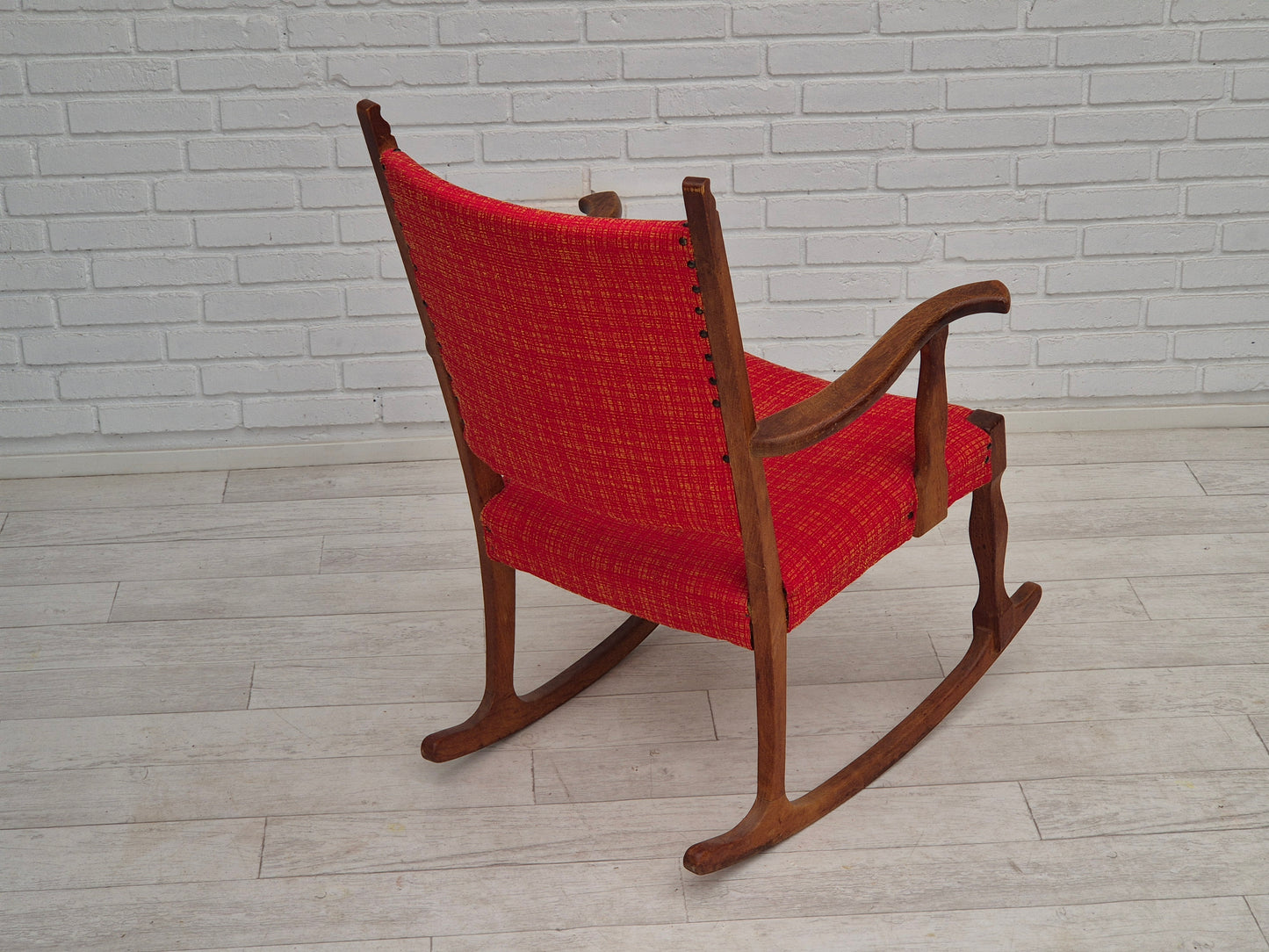 1960s, Danish rocking chair, original good condition, solid oak wood, furniture wool fabric.