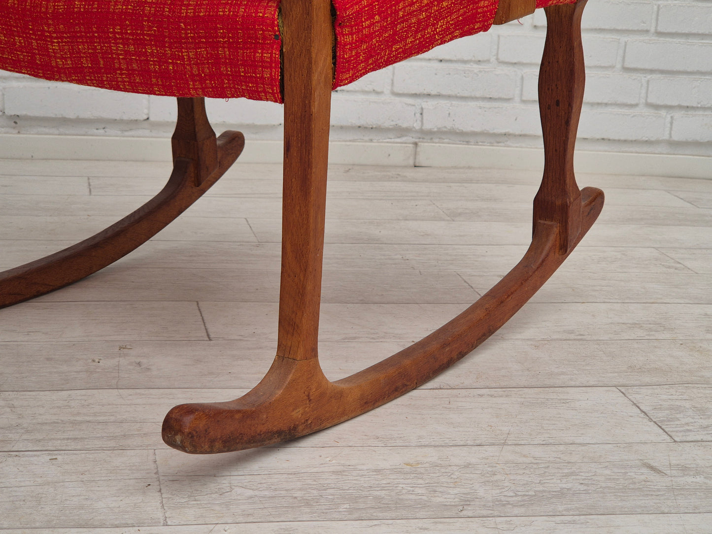 1960s, Danish rocking chair, original good condition, solid oak wood, furniture wool fabric.