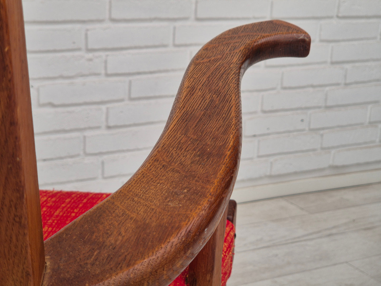 1960s, Danish rocking chair, original good condition, solid oak wood, furniture wool fabric.