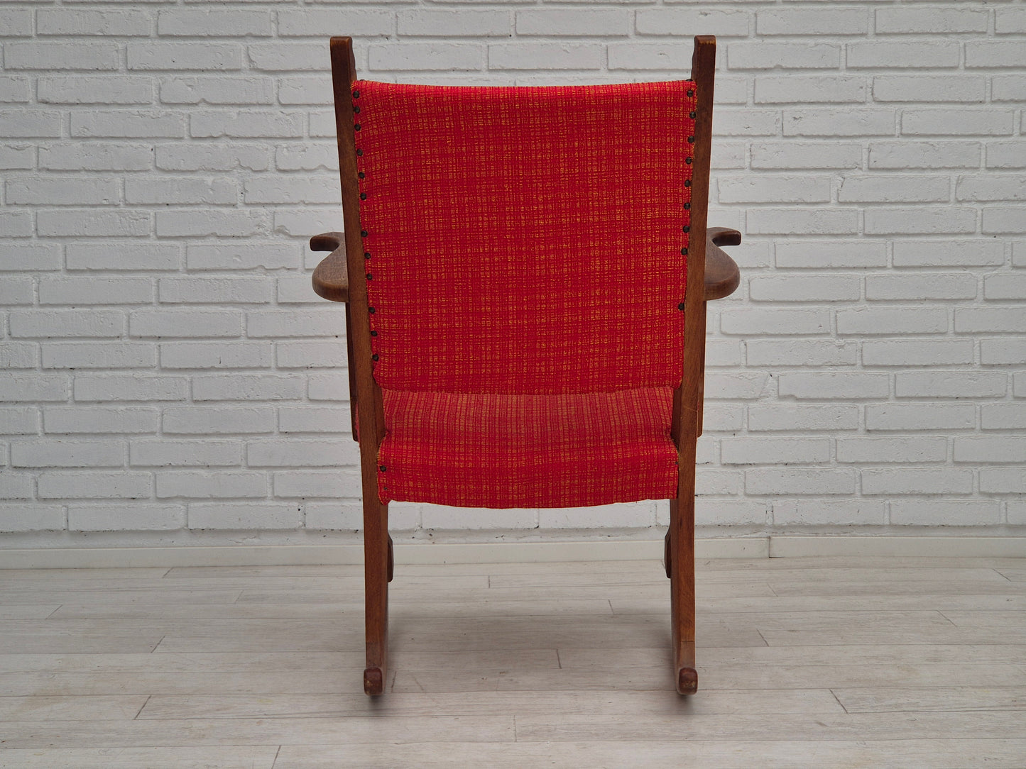 1960s, Danish rocking chair, original good condition, solid oak wood, furniture wool fabric.