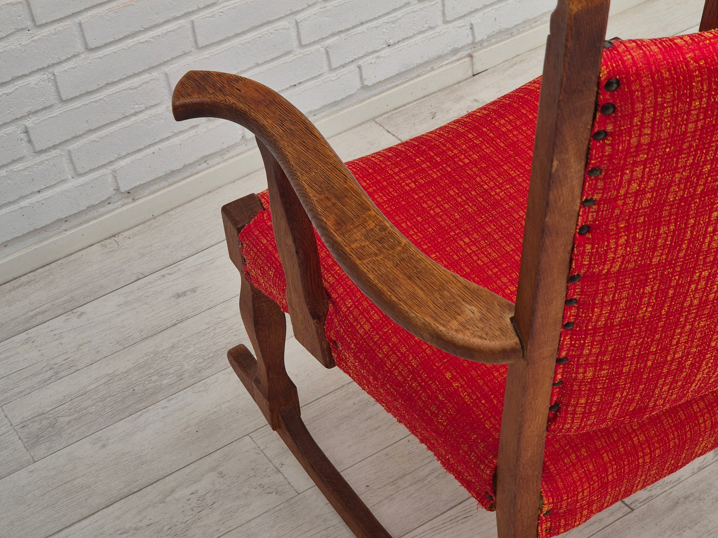 1960s, Danish rocking chair, original good condition, solid oak wood, furniture wool fabric.