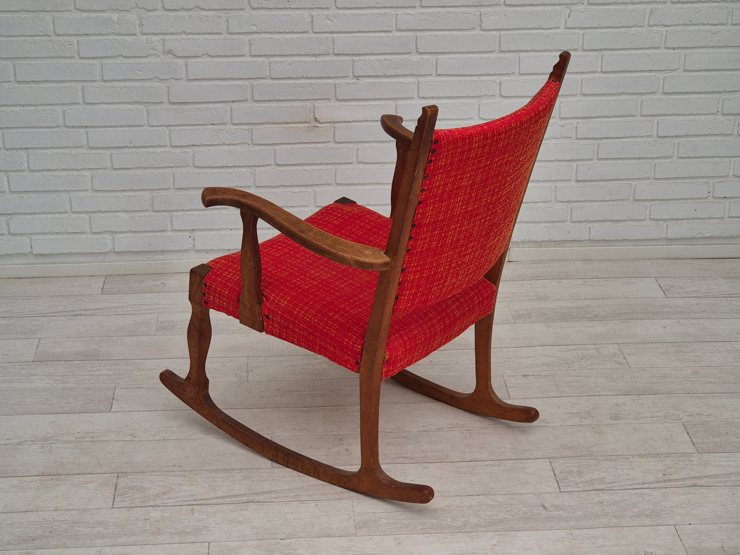 1960s, Danish rocking chair, original good condition, solid oak wood, furniture wool fabric.