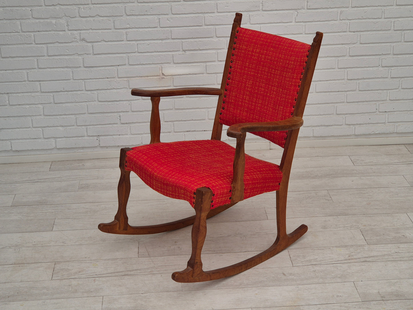 1960s, Danish rocking chair, original good condition, solid oak wood, furniture wool fabric.