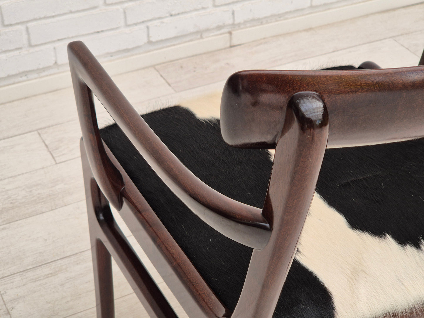 1960s, Danish design by Ole Wanscher, armchair, mahogany wood, cowhide, reupholstered.