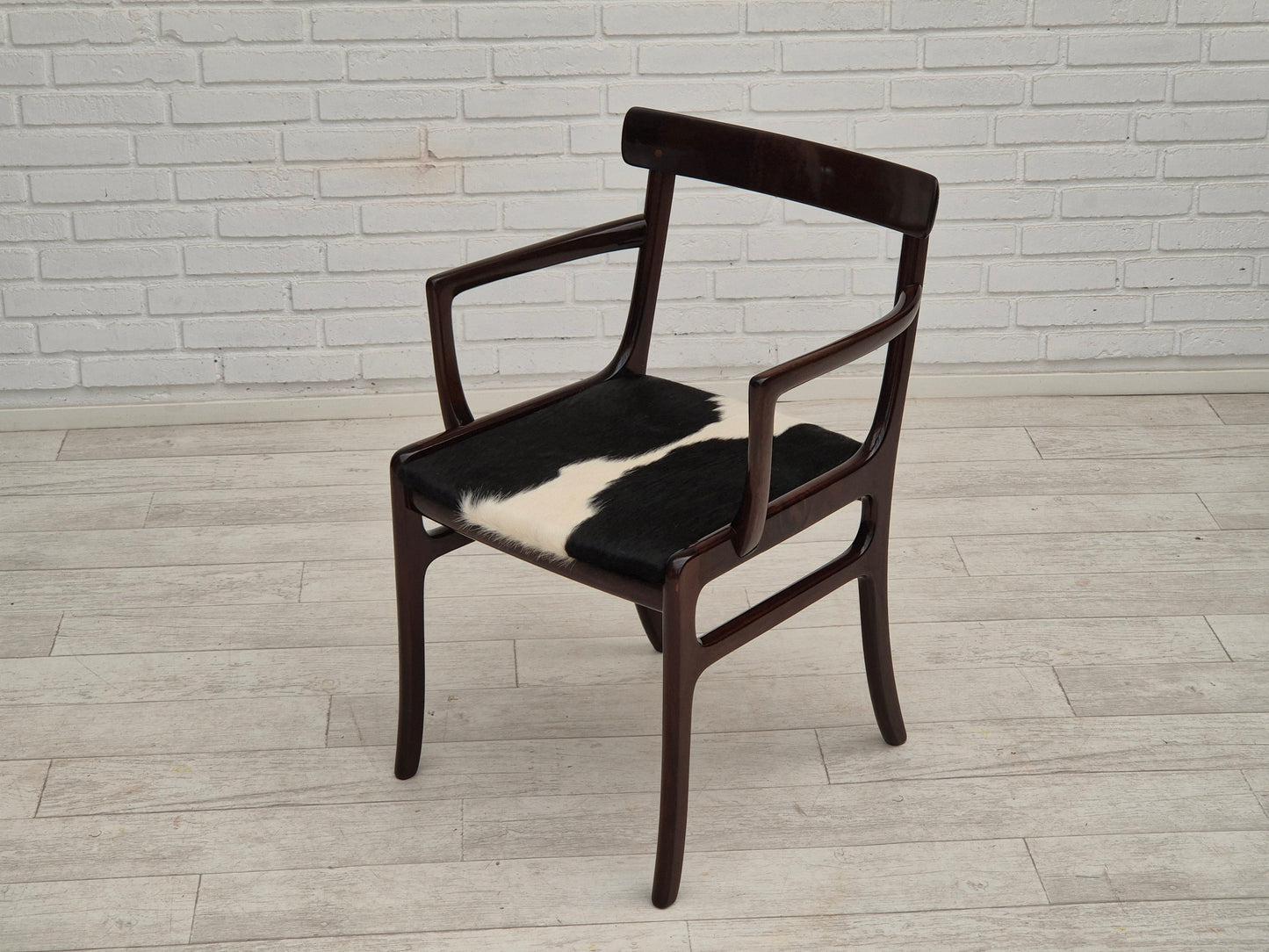 1960s, Danish design by Ole Wanscher, armchair, mahogany wood, cowhide, reupholstered.